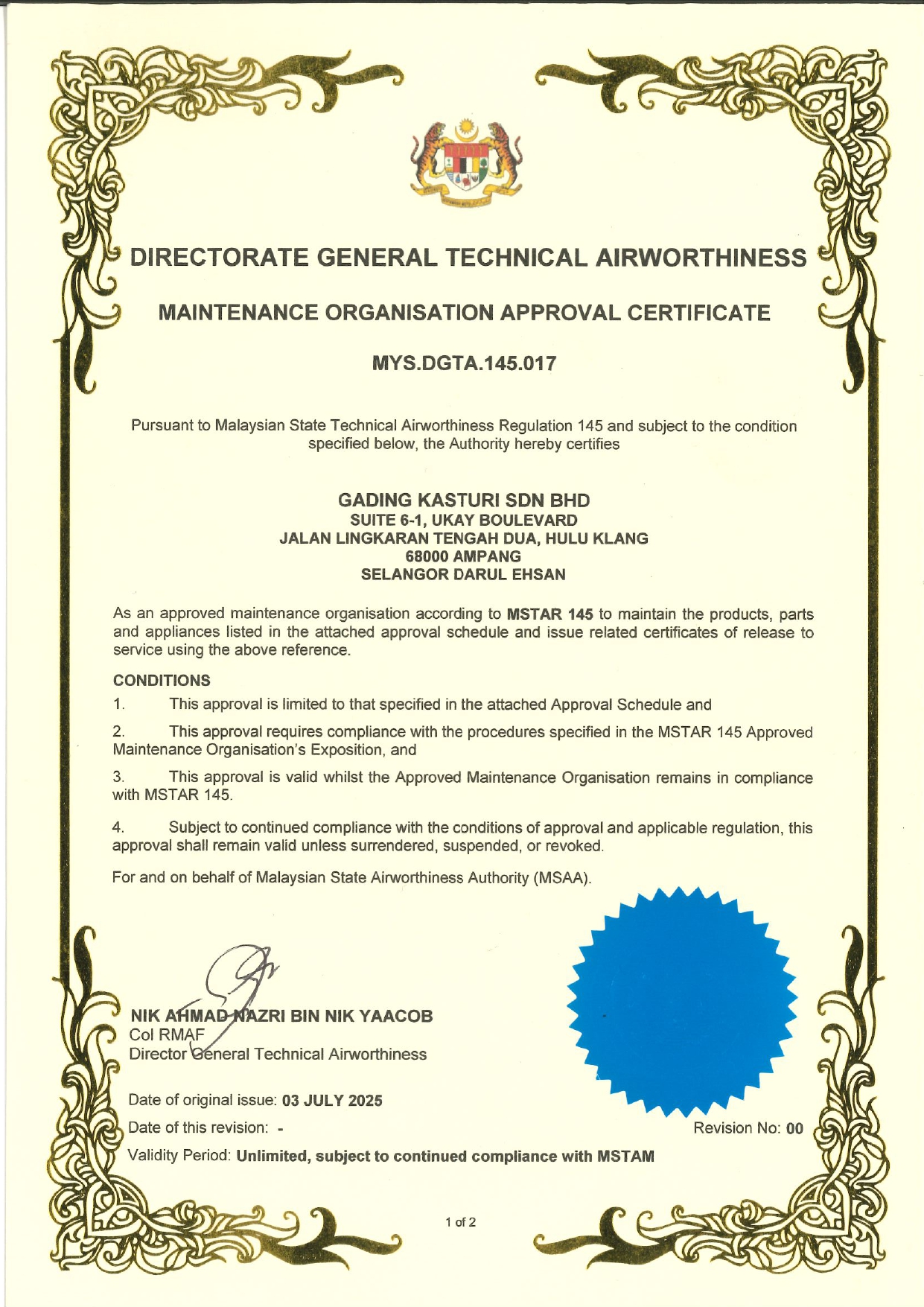 Approved Maintenance Organization certificate