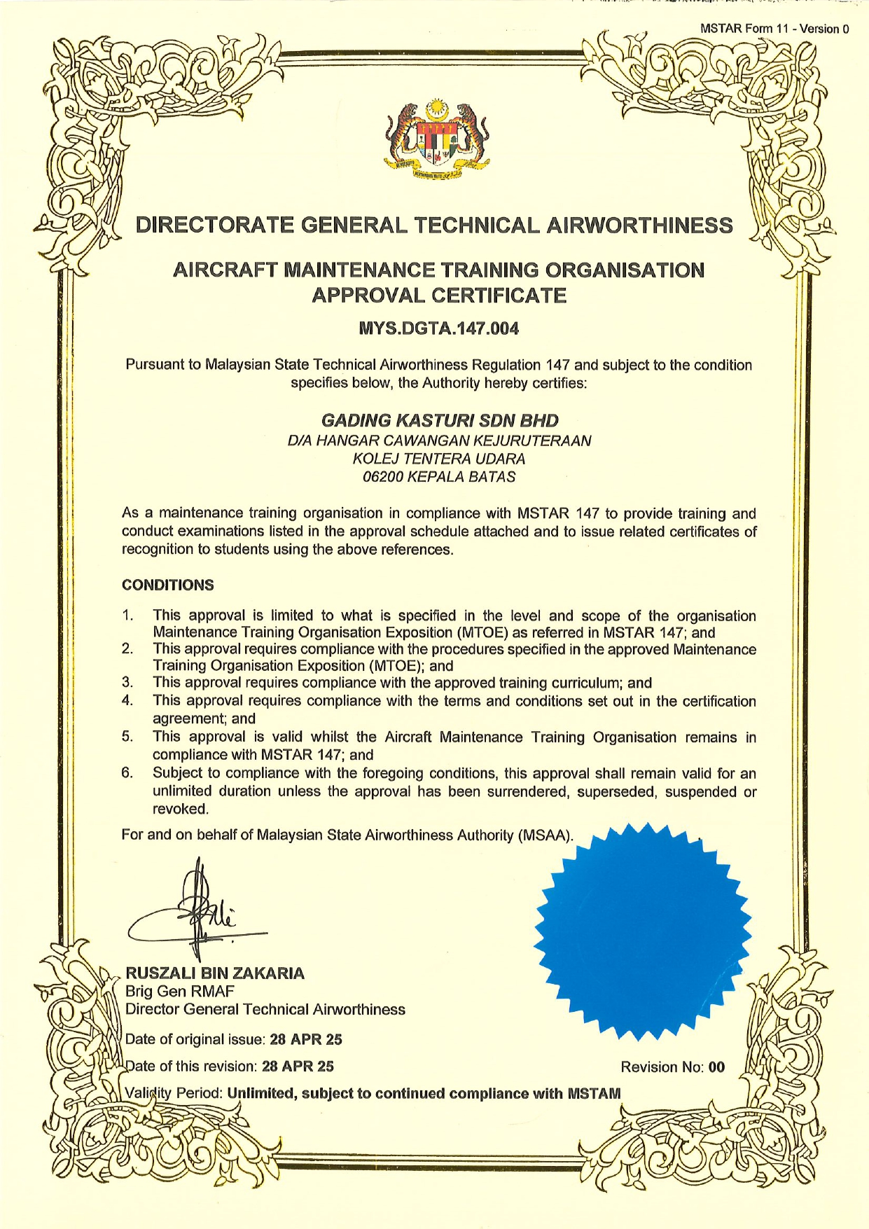 Approved Maintenance Training Organization certificate