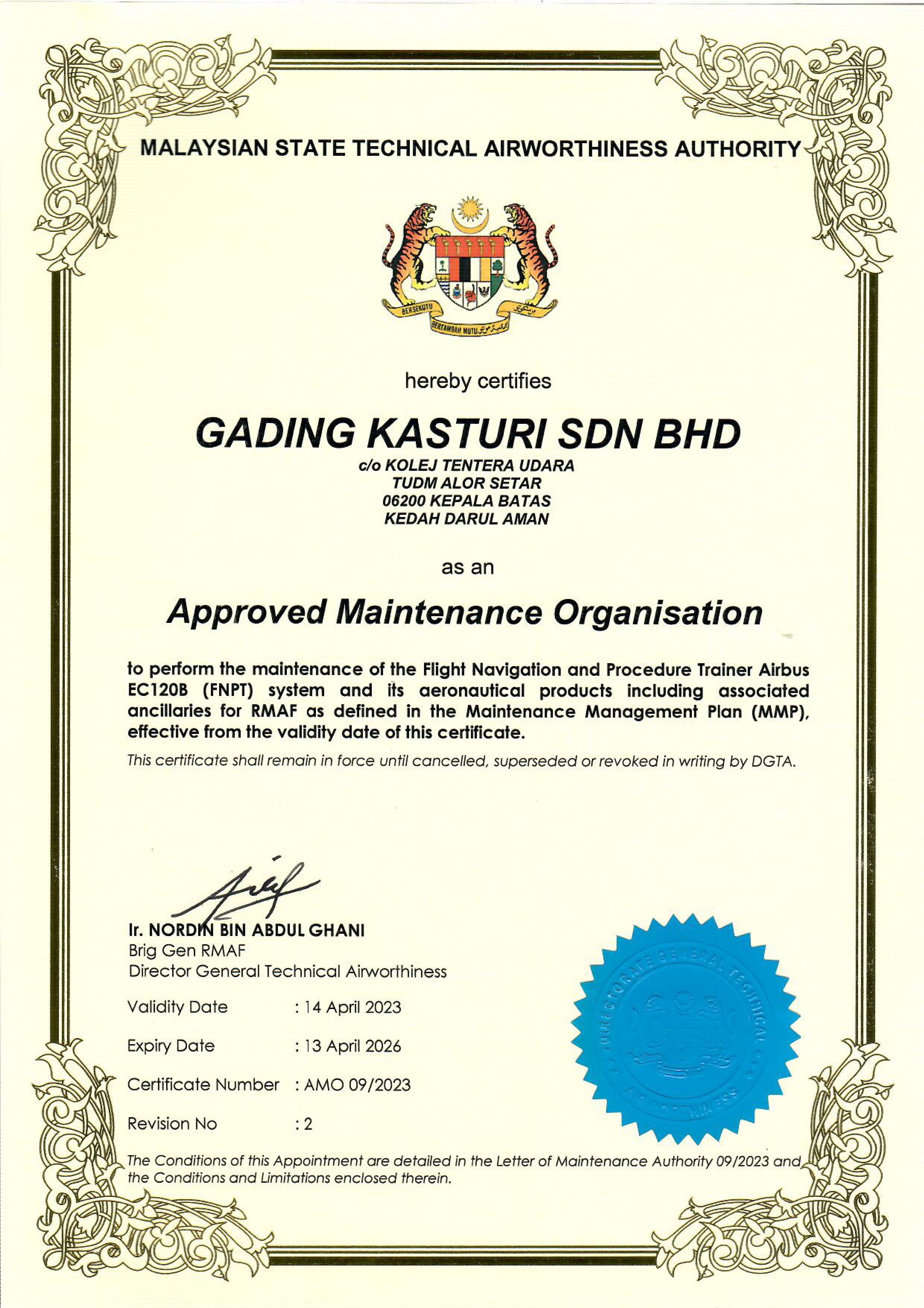Flight and Navigation Procedures Trainer certificate