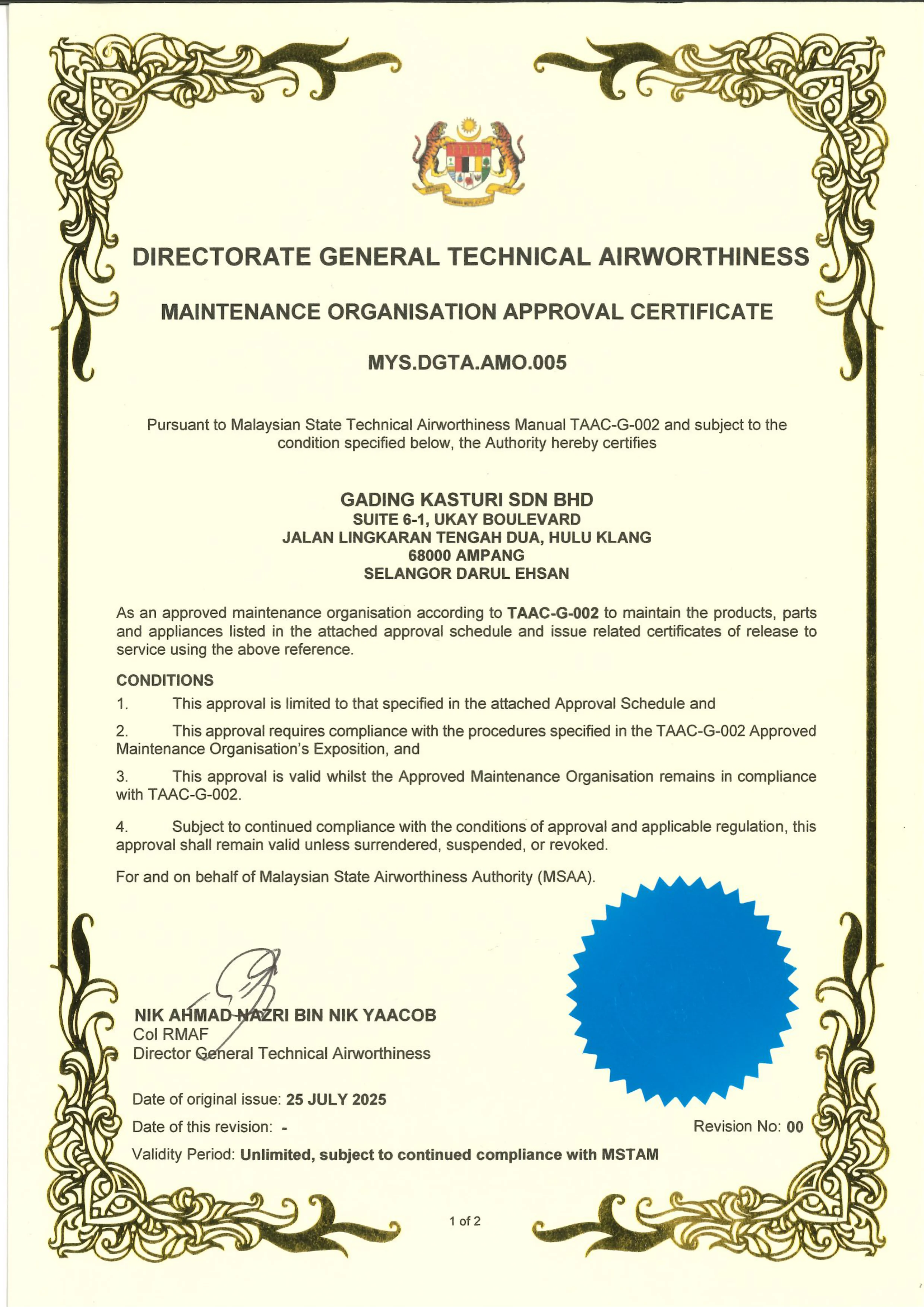 GKSB FNPT maintenance approval certificate